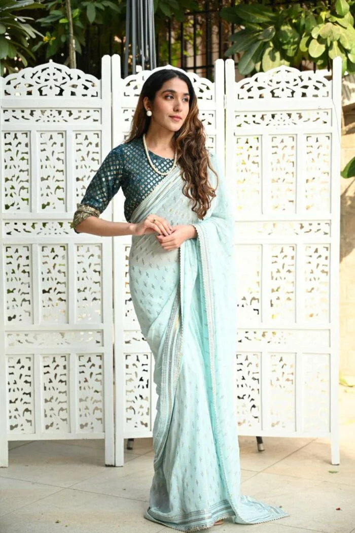 Sky blue light color saree with designer cut blouse fabric - Image 3