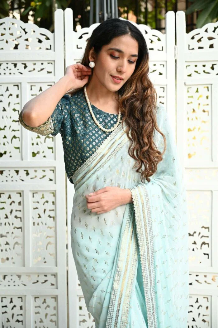 Sky blue light color saree with designer cut blouse fabric - Image 4