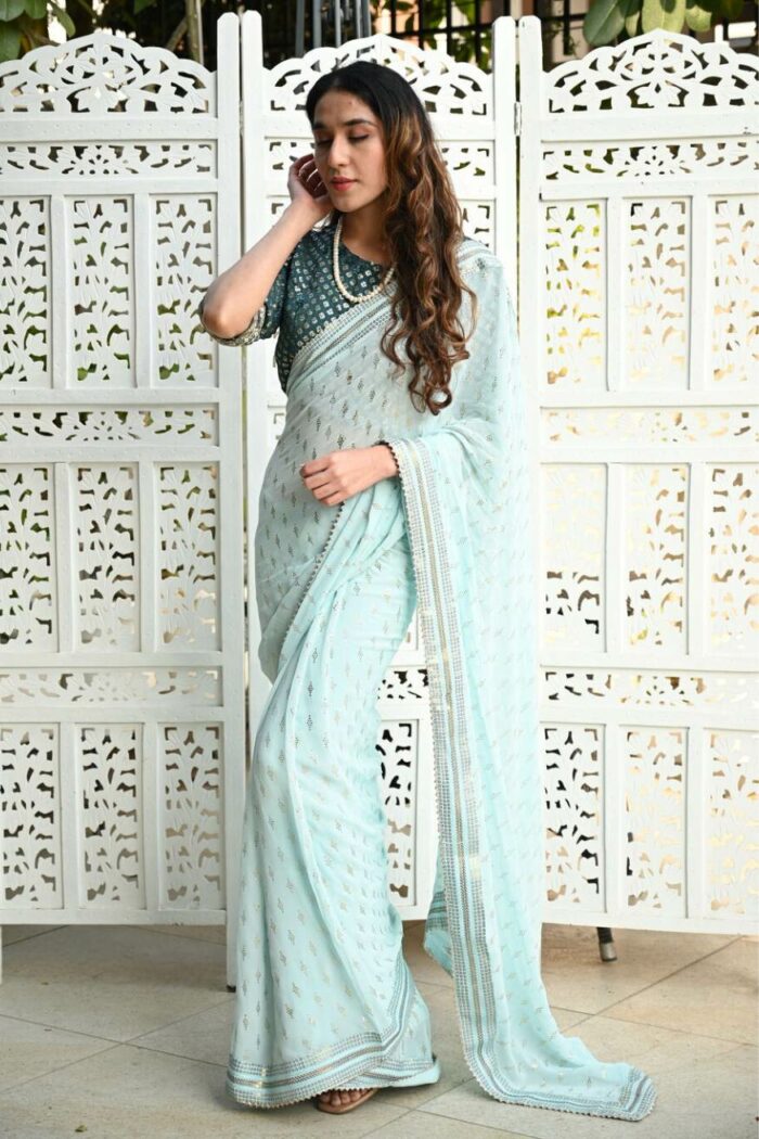 Sky blue light color saree with designer cut blouse fabric - Image 2