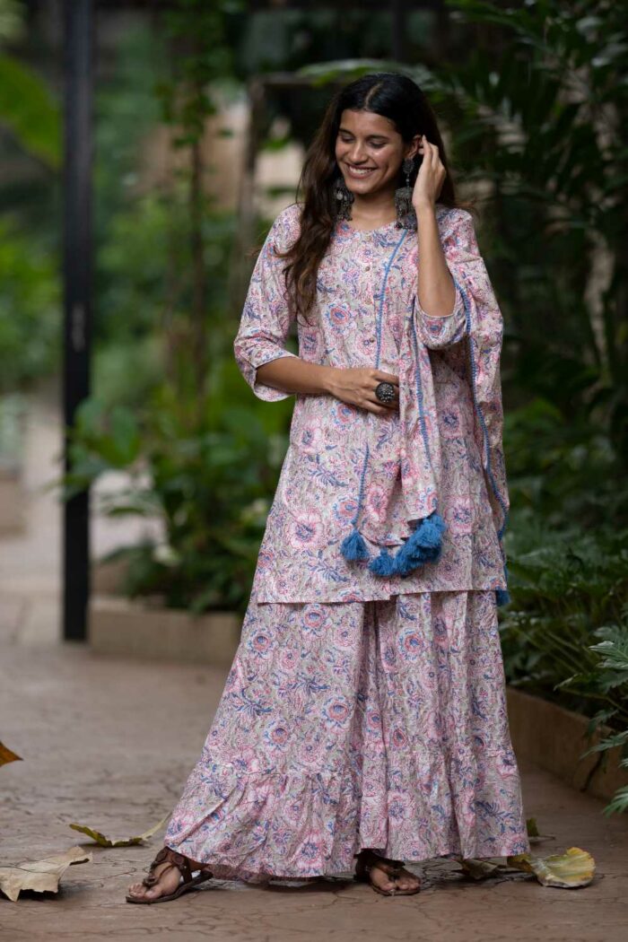 Sharara style 3-piece pink cotton set with co-ord duppata - Image 1