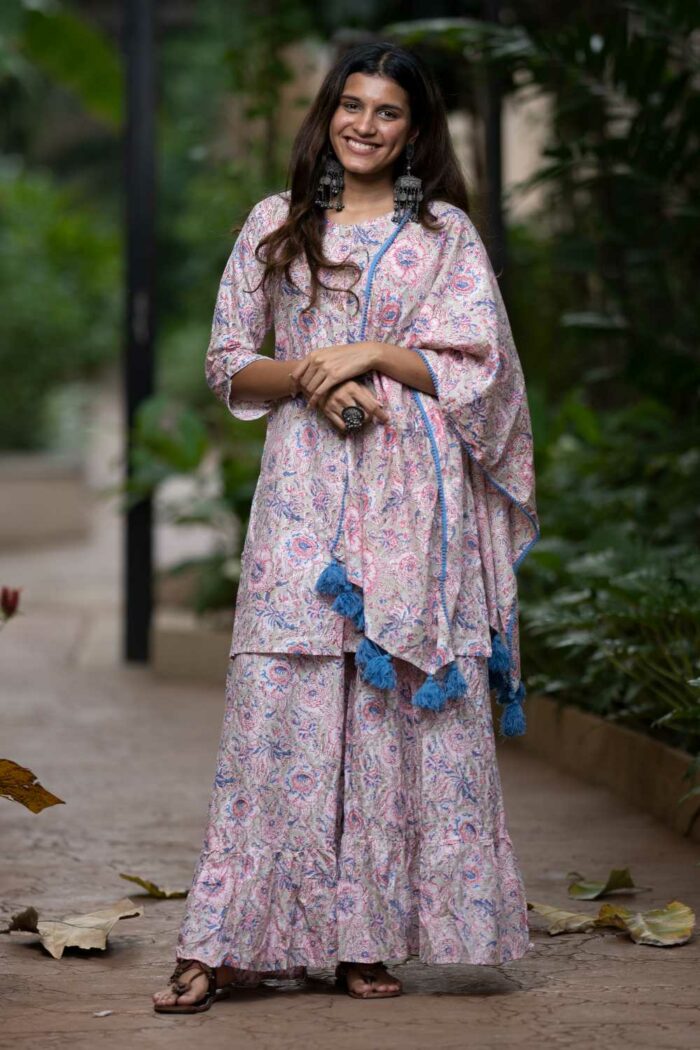 Sharara style 3-piece pink cotton set with co-ord duppata - Image 3