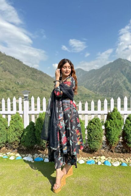 Black printed 3 piece set with designer dupatta