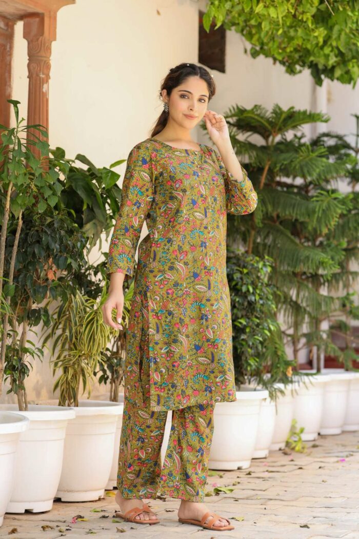 Olive serene pure cotton coord set - Image 1