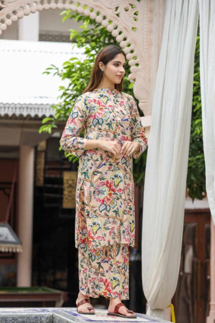 Buff beige multicolor pure cotton suit