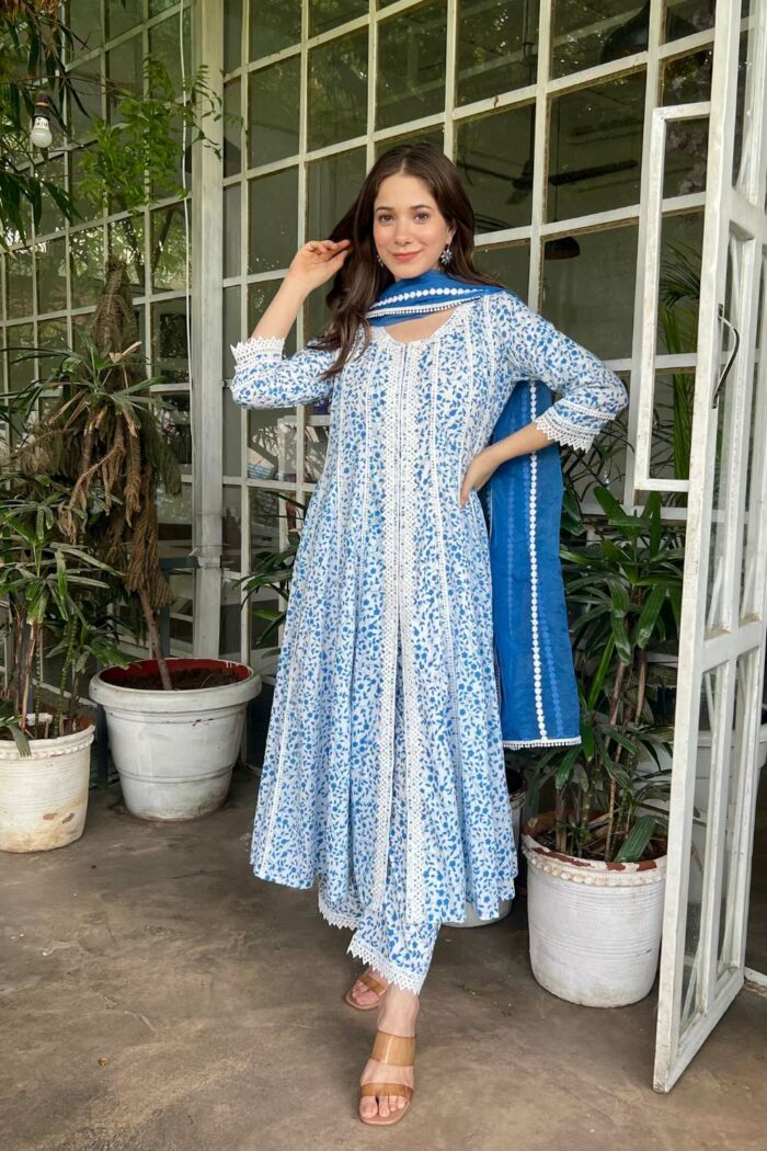 Blooming Lace Blue Party Cotton Set With Duppata - Image 2