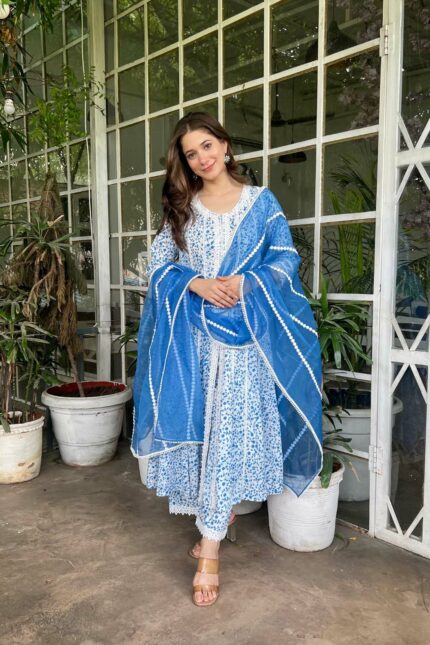 Blooming Lace Blue Party Cotton Set With Duppata