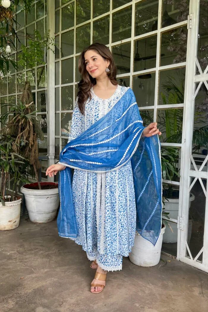 Blooming Lace Blue Party Cotton Set With Duppata - Image 4